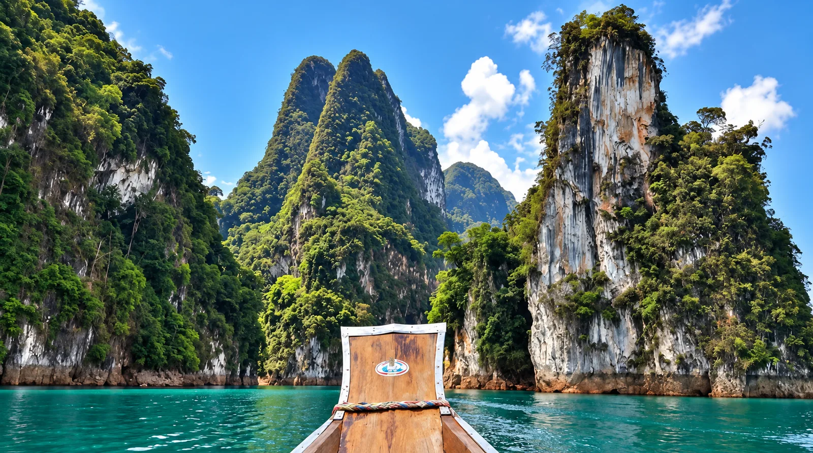 Longtail boat below the limestone cliffs of Cheow Lan Lake